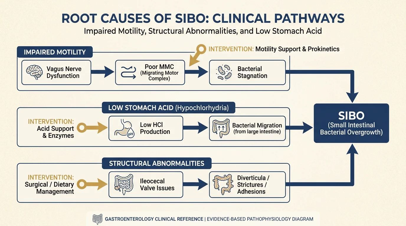 Diagram illustrating the root causes of SIBO.