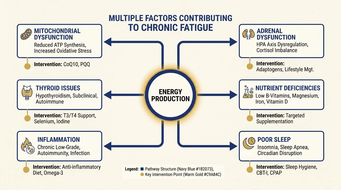 Diagram illustrating the multiple contributing factors behind chronic fatigue.