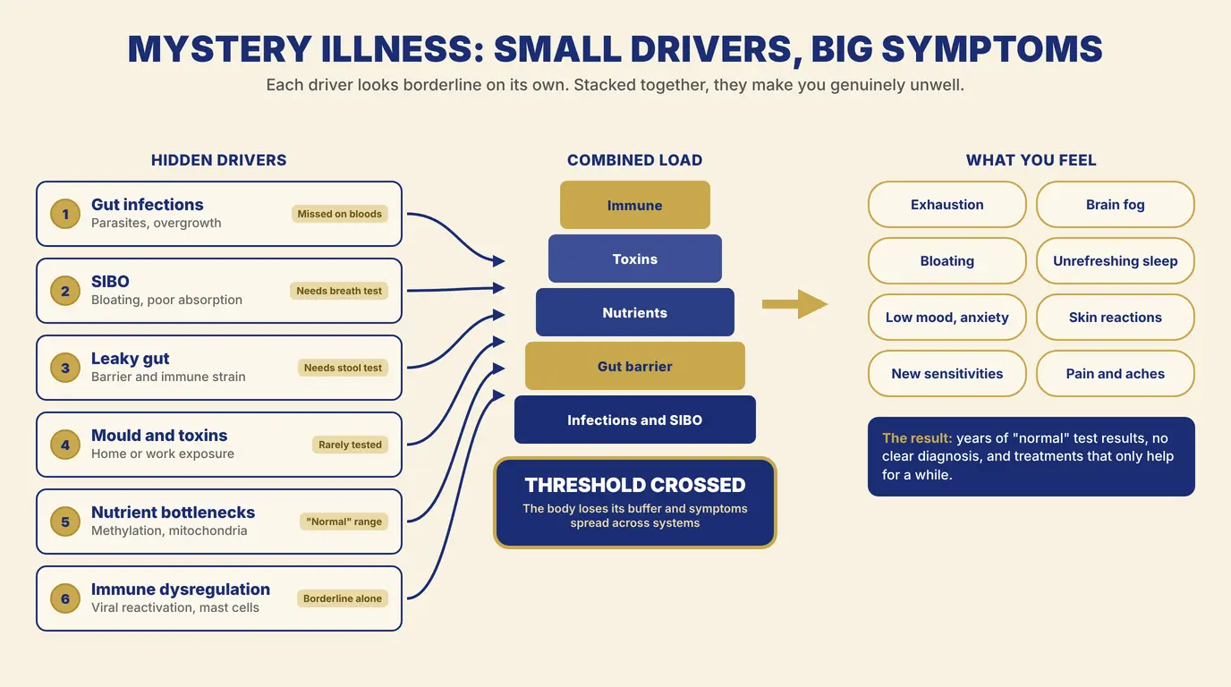 Diagram showing six hidden drivers of a mystery illness (gut infections, SIBO, leaky gut, mould and toxins, nutrient bottlenecks and immune dysregulation) stacking into a combined load that crosses a threshold and spreads symptoms across body systems.